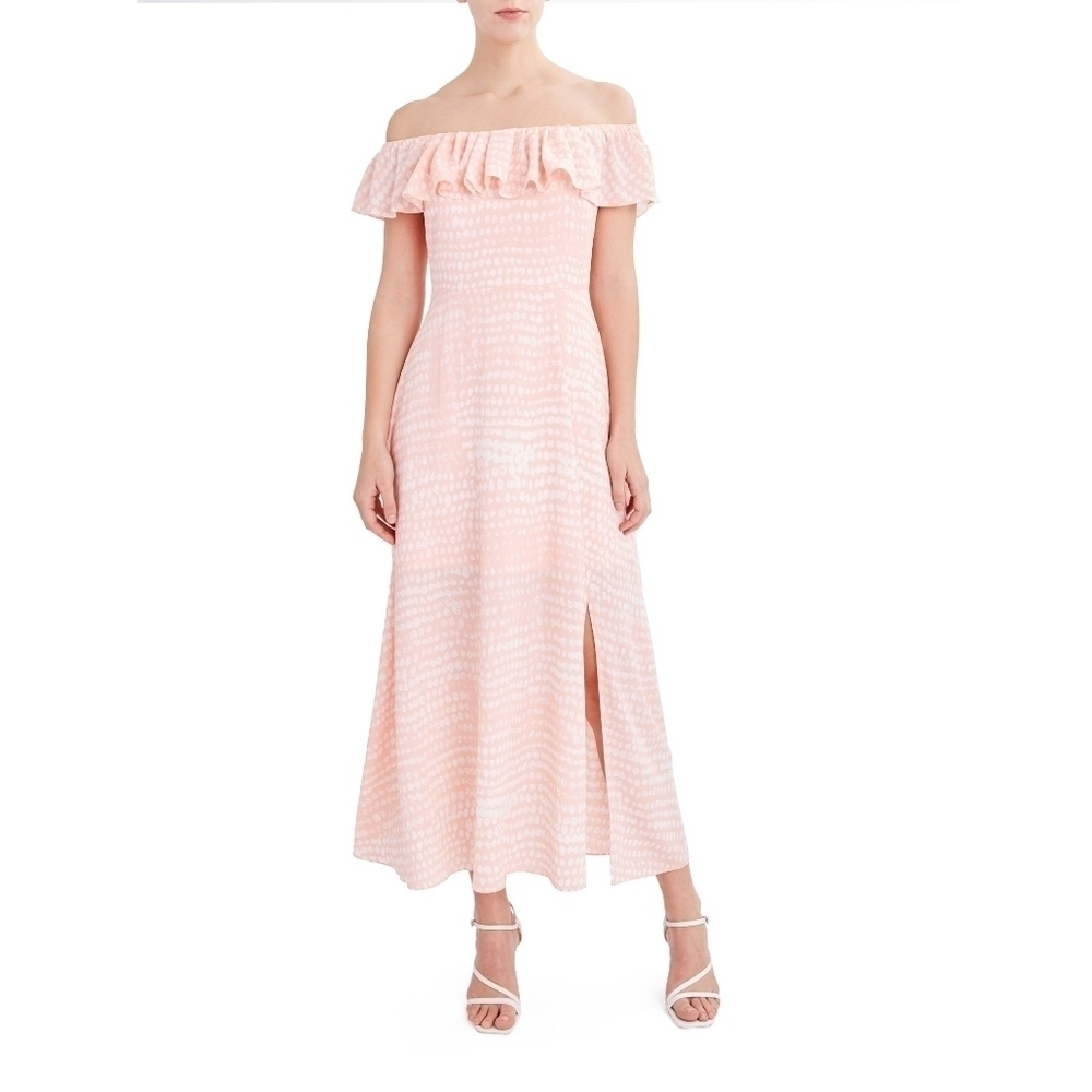 BCBG PARIS Off the Shoulder Sandy Dot Flowy Maxi dress Coral pink  Size …